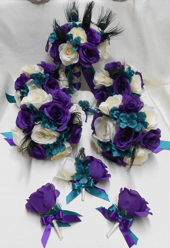 Hochzeit - Wedding Silk Flower Bridal Bouquets Package Peacock Feathers Purple Teal Roses Bride's Bouquet Bridesmaid Boutonnieres Corsages