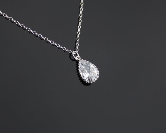 Hochzeit - Elegant bezel Swarovski Crystal Teardrop necklace in Sterling Silver - wedding bridal jewelry, birthday gift, gift for mom daughter