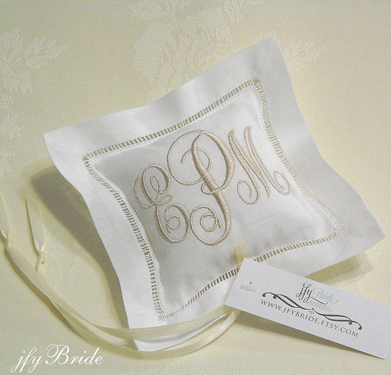 زفاف - Small Irish Linen Ring Bearer Pillow with delicate hemstitch Personalized with Monogram, Style 2342