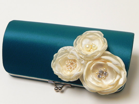 Hochzeit - Teal Clutch - Bridal Clutch - Bridesmaid Clutch - Turquoise Clutch - Bouquet Clutch - Ivory Flower Blossoms with Rhinestones