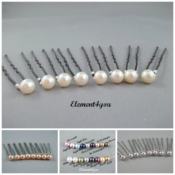 Wedding - Pearl hair pins, bridal u pins, wedding hair accessories, bridesmaid hair pins, set of 8, pearl pins, Pink blue purple champagne pearls.