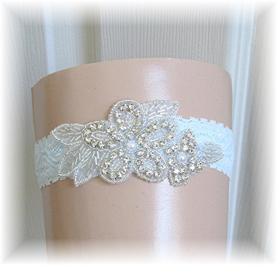 Hochzeit - Wedding Garter, Bridal Garter, Blue Lace Bride's Keepsake Garter, Something Blue Wedding Garter Belt with Crystal Embellishment