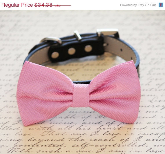 زفاف - Pink Dog Bow tie with High Quality Black Leather Collar, Wedding dog accessory, Dog Bow Tie