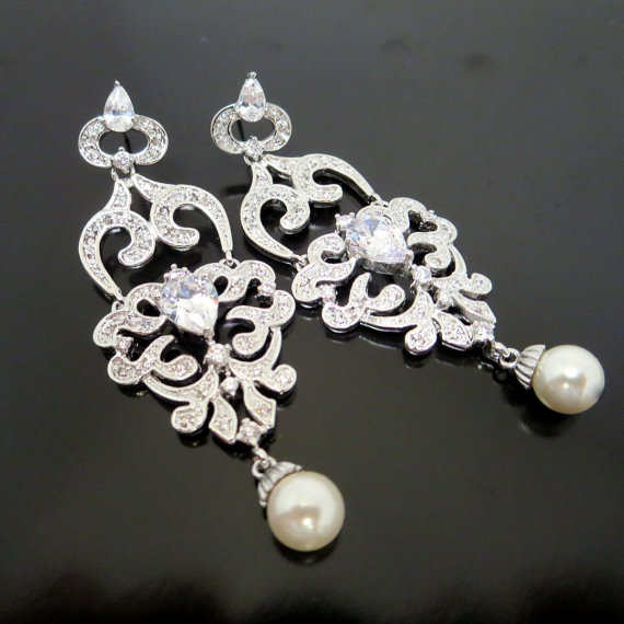 زفاف - Bridal earrings, Wedding earrings, Wedding jewelry, Chandelier earrings, Rhinestone earrings, Cubic zirconia earrings, Pearl earrings
