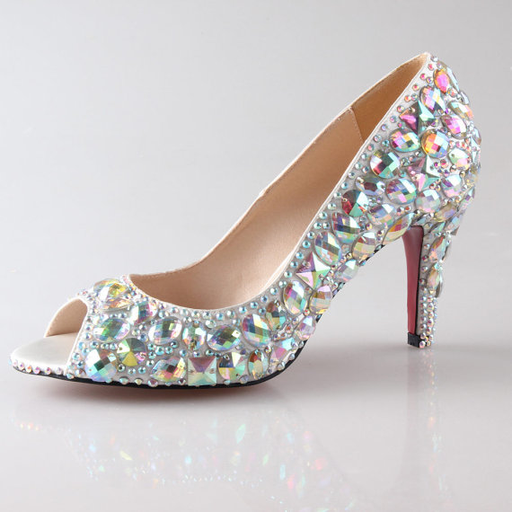 Hochzeit - AB crystal rhinestone shoes peep toe open toe heels wedding shoes , party shoes , prom shoes