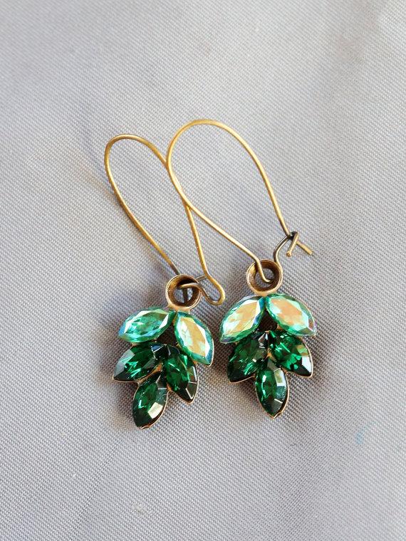 Hochzeit - Emerald Green Swarovski  Rhinestone Leaf Brass Earrings, Something Blue,Wedding,Bridal, Bridesmaid Gift