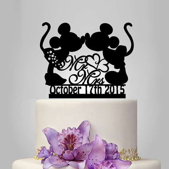 Wedding - Mickey and Minnie mouse silhouette cake topper, mr and mrs wedding cake topper with heart decor, disney wedding cake topper with date