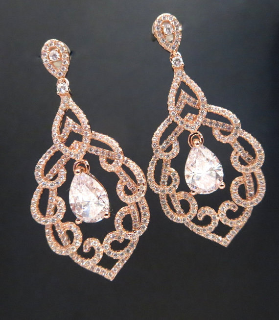 Hochzeit - Crystal Bridal earrings, Rose Gold Wedding earrings, Rose Gold Chandelier earrings, Wedding jewelry, Rhinestone earrings, Teardrop earrings