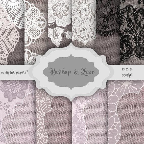 Свадьба - Rustic Burlap & LACE Digital Paper Pack - Vintage lace burlap pattern backgrounds for scrapbooking, wedding invitations, bridal/baby shower