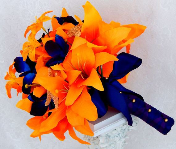 زفاف - Reserved- Bridal Bouquet White Tiger Lilies Starfish Blue Orchids Men’s Boutonniere Bridal Hairpiece- Customized To Your Wedding Colors