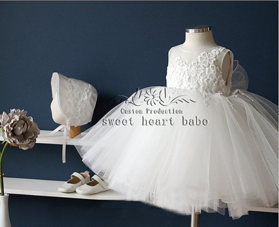 Wedding - Lace flower girl Dress, Junior Bridesmaid dress,Christening dress , Baby Dress - tulle Flower girl Dress,white ivory flower girl dress-sw