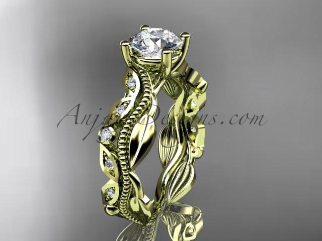 زفاف - 14kt yellow gold diamond leaf and vine wedding ring, engagement ring, wedding band with a "Forever Brilliant" Moissanite center stone ADLR342