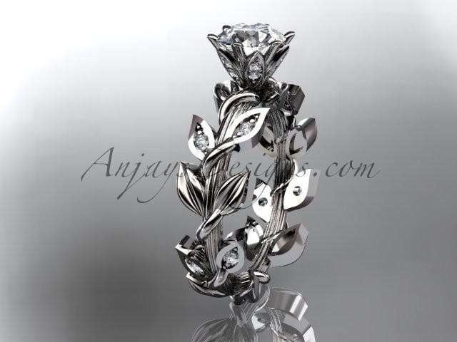 Wedding - 14k white gold diamond leaf and vine engagement ring with a "Forever Brilliant" Moissanite center stone ADLR124