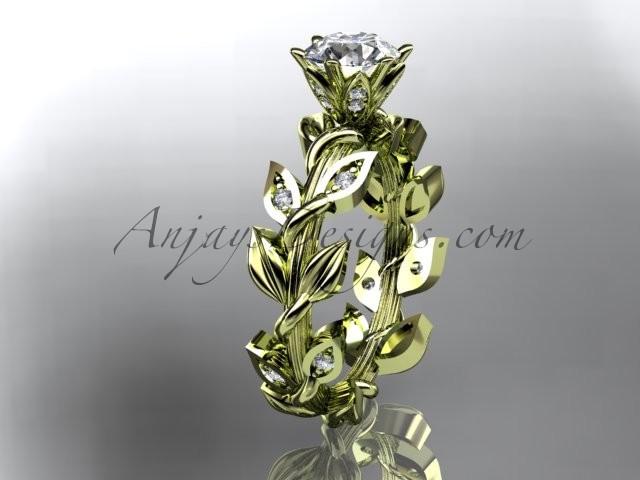 زفاف - 14k yellow gold diamond leaf and vine engagement ring with a "Forever Brilliant" Moissanite center stone ADLR124