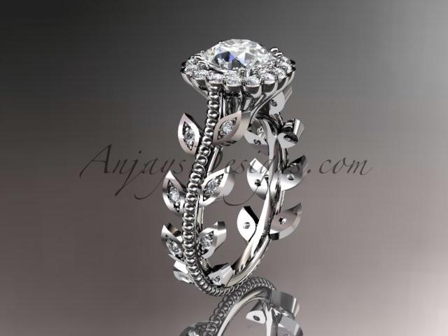 Wedding - 14k white gold diamond leaf and vine wedding ring, engagement ring with a "Forever Brilliant" Moissanite center stone ADLR118
