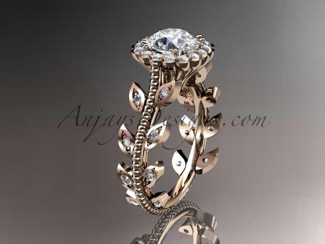 زفاف - 14k rose gold diamond leaf and vine wedding ring, engagement ring with a "Forever Brilliant" Moissanite center stone ADLR118