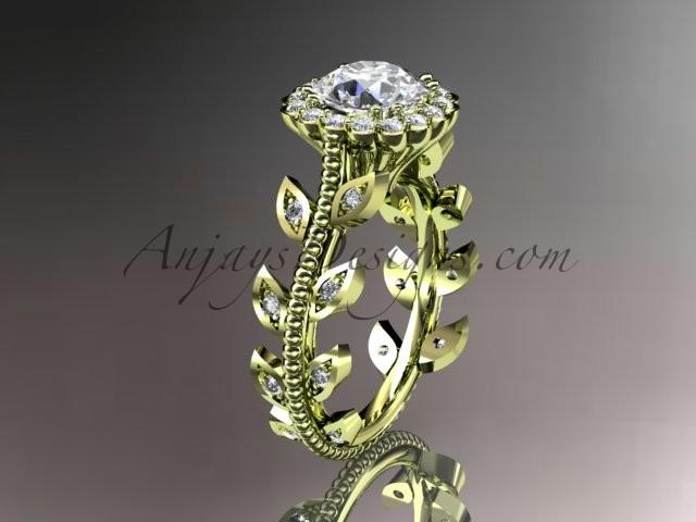 Wedding - 14k yellow gold diamond leaf and vine wedding ring, engagement ring with a "Forever Brilliant" Moissanite center stone ADLR118