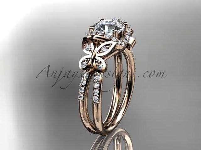 زفاف - 14kt rose gold diamond butterfly wedding ring, engagement ring with a "Forever Brilliant" Moissanite center stone ADLR141