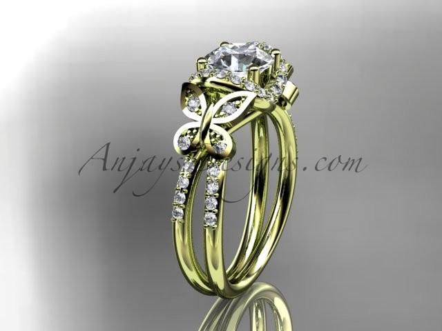 زفاف - 14kt yellow gold diamond butterfly wedding ring, engagement ring with a "Forever Brilliant" Moissanite center stone ADLR141