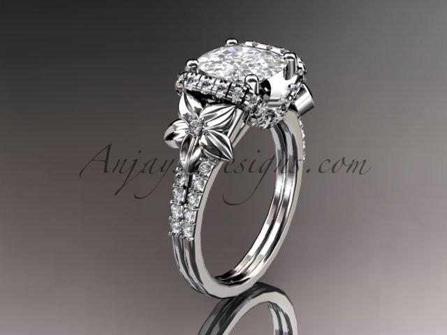 Mariage - Platinum diamond floral wedding ring, engagement ring with cushion cut moissanite ADLR148