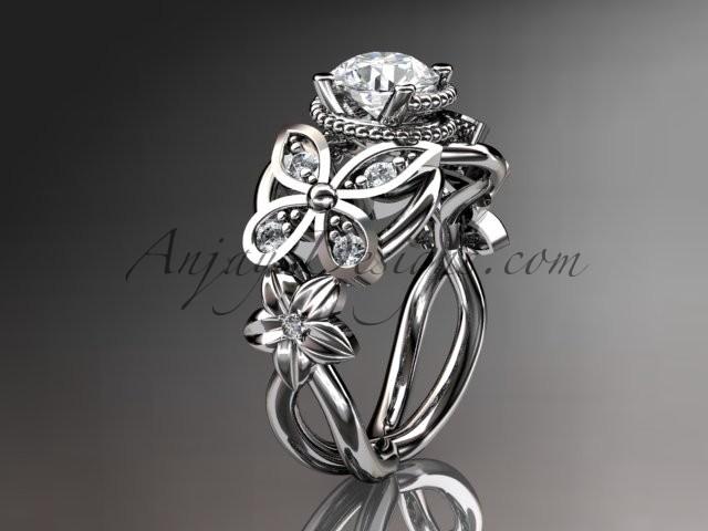 زفاف - 14kt white gold diamond floral, butterfly wedding ring, engagement ring, wedding band with a "Forever Brilliant" Moissanite center stone ADLR136