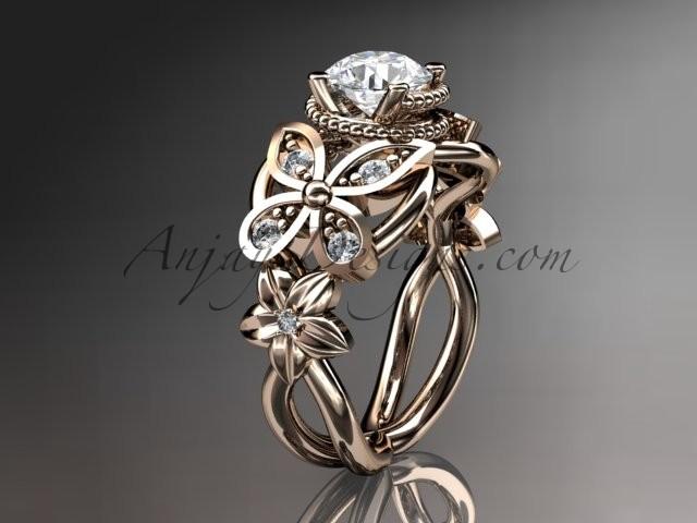 Wedding - 14kt rose gold diamond floral, butterfly wedding ring, engagement ring, wedding band with a "Forever Brilliant" Moissanite center stone ADLR136