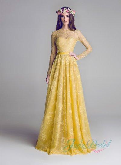 Wedding - JOL288 Yellow illusion bateau neck long sleeves lace wedding prom dress