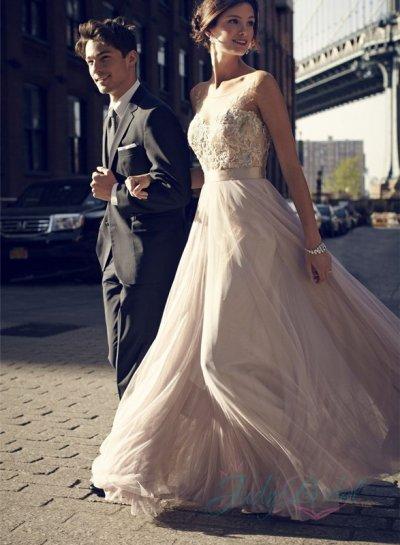 Wedding - JOL289 Sheer tulle top lace bodice flowy chiffon destination wedding dress