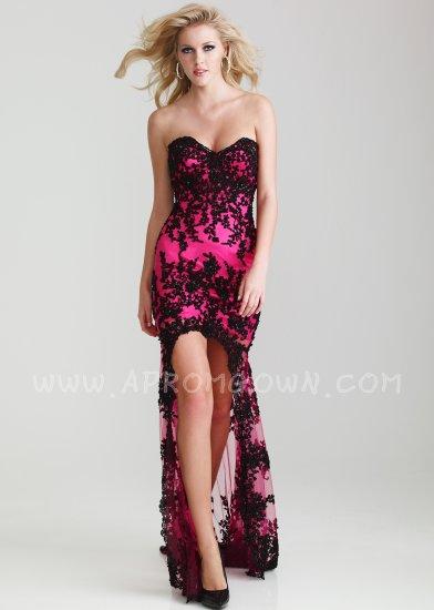 Hochzeit - Elegant Night Moves 6724 Lace Hi Low Prom Dress Black/Fuchsia