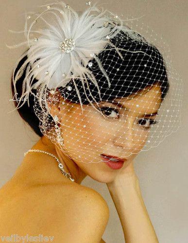 Wedding - White RHINESTONE BROOCH Fascinator & RHINESTONE BIRDCAGE VEIL Bridal Veil 27-31