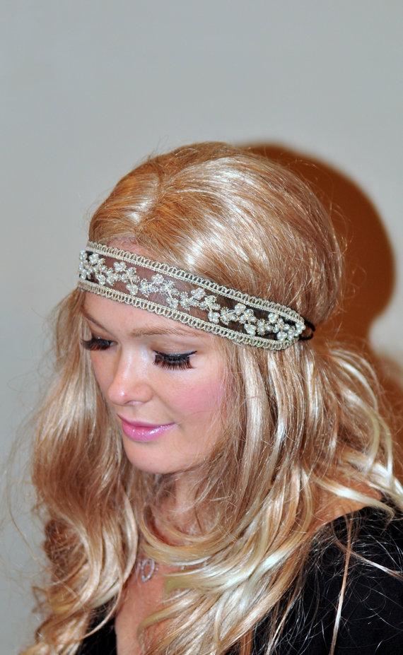 زفاف - Pearl Lace Headband Gold Pearl Black Women headband Headwrap Stretch Headcovering Vintage Headband Wedding Gift