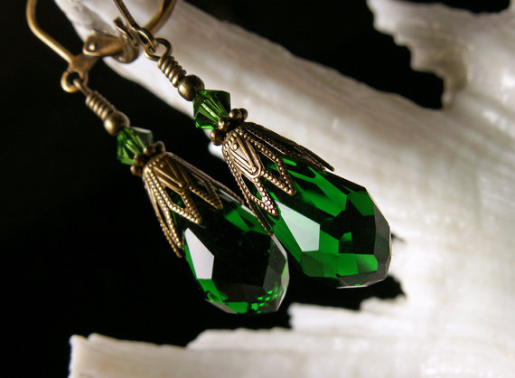 Wedding - Steampunk Earrings Emerald Forest Green Teardrop Crystal Antiqued Bronze Filigree Titanic Temptations Jewelry Vintage Victorian Bridal Style