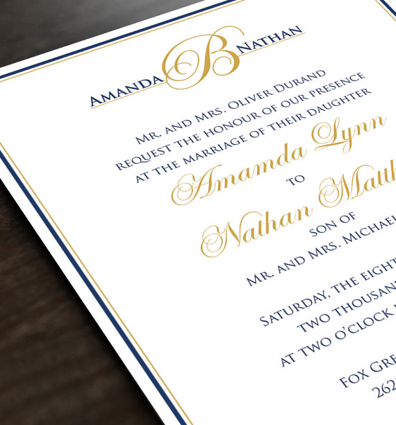 Hochzeit - Monogram Wedding Invitation - Personalized Wedding Invite and Response Card - Modern, Elegant Scroll - Navy and Gold - Wedding Monogram