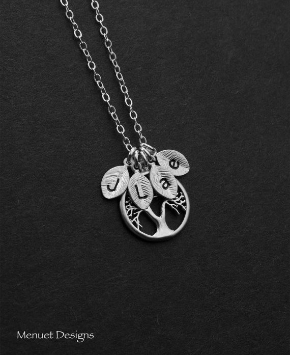زفاف - Tree of Life Necklace, Personalized for her, Silver Jewelry, Bridal Wedding Jewelry,Gift for Mother, Monogram Tree Pendant, 1~8 Leaf
