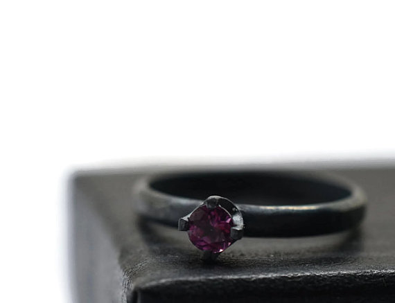 Wedding - Minimalist Engagement Ring, Rhodolite Garnet Ring, Natural Gemstone Ring, Black Silver Ring, Oxidized Ring
