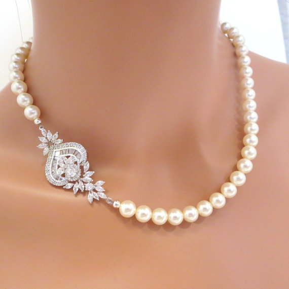 زفاف - Bridal pearl necklace, Crystal bridal necklace, Wedding necklace, Rhinestone wedding necklace, Bridal jewelry, Art Deco necklace, EMMA