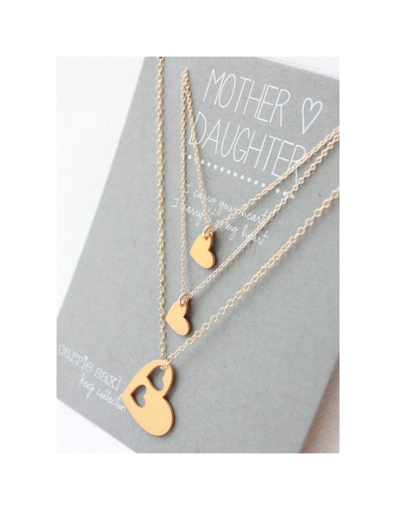 Wedding - Mother Daughter Necklace Set - 2 daughters - Mother's necklace - gold hearts - mom gift - push present - jewelry gift - wedding gift