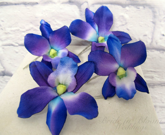Mariage - Wedding hair accessories Blue purple dendrobium orchid bobby pins set of 4 Bridal hair flowers