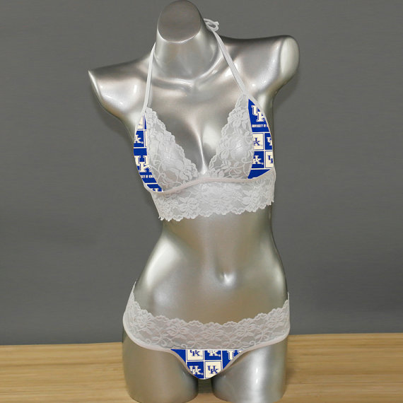 زفاف - Sexy handmade with NCAA University of Kentucky Wildcats fabric with white scallped lace accent top with matching G string panty lingerie set
