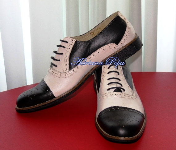 زفاف - Men Brogues Shoes Men Oxford shoes Black&White  Leather Handmade Black White Oxfords Brogues Vintage-inspired Wedding Gifts Shoes Wingtips