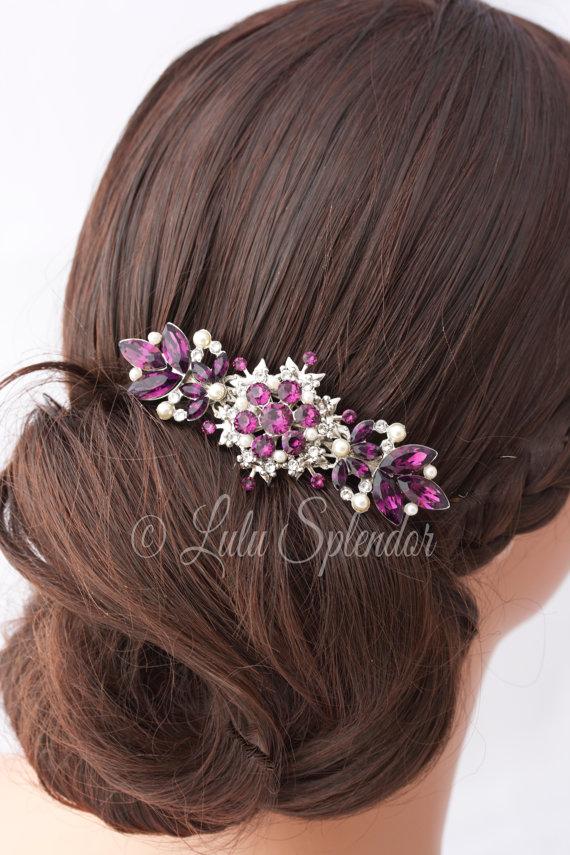 زفاف - Amethyst Wedding Hair Comb Purple Rhinestone Wedding Hair Accessories Vintage Bridal Comb Silver Veil Comb  CHANTILLY