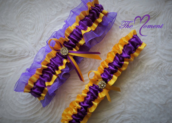 Wedding - Purple and Gold Garter Set, Gold and Purple Garter Set, Ribbon Garter, Prom Garter, Organza Garter, Bridal Garter, Wedding Garter