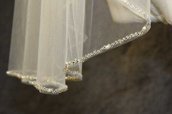 Wedding - 1T beaded veil, minimalist new design high quality bridal veil, crystal veil, wedding veil, white, ivory beads beaded veil