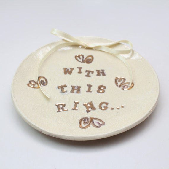Hochzeit - Large Ring Bearer Dish, Stoneware Ring Plate, Gold and Ivory Wedding Dish