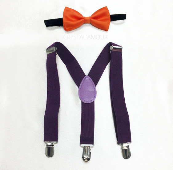 Mariage - bow tie and suspenders, orange bowtie, purple suspenders, toddler's bowtie and suspenders set - for weddings, parties and birthdays