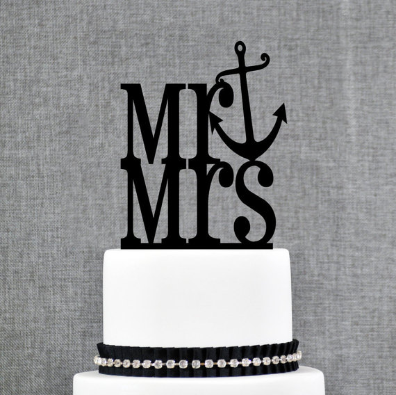 زفاف - Mr and Mrs Cake Topper with Anchor Accent – Nautical Wedding Cake Topper Available in 15 Colors and 6 Glitter Options- (S110)