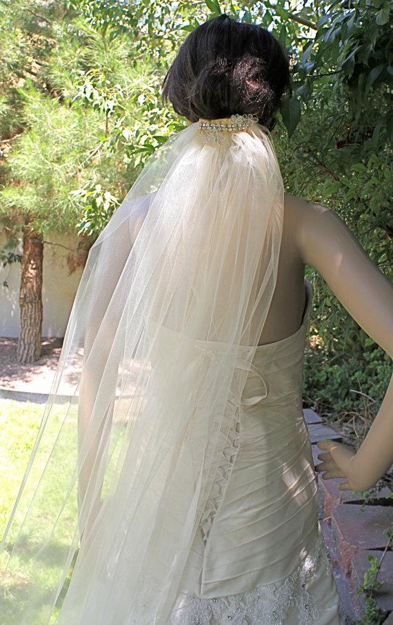 زفاف - Bridal illusion 90" veil with diamond comb, Champagne veil with gold leaves "Grace", crystals by Vegas Veils