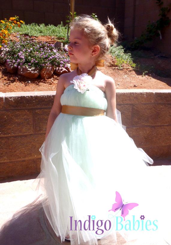 Hochzeit - Flower Girl Dress, Weddings, Flowergirl Dresses, Tutu Dress, Mint Green Tulle, Antique Gold Satin Ribbon, Ivory Pink Silk Flower, Wedding