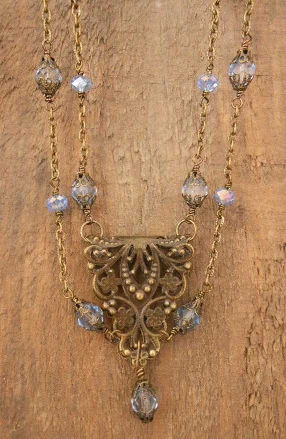Hochzeit - Floral Brass Filigree Neo-Victorian Double Strand Necklace Handmade Wire Wrapped Pale Sapphire Czech Glass Bead Wedding Jewelry