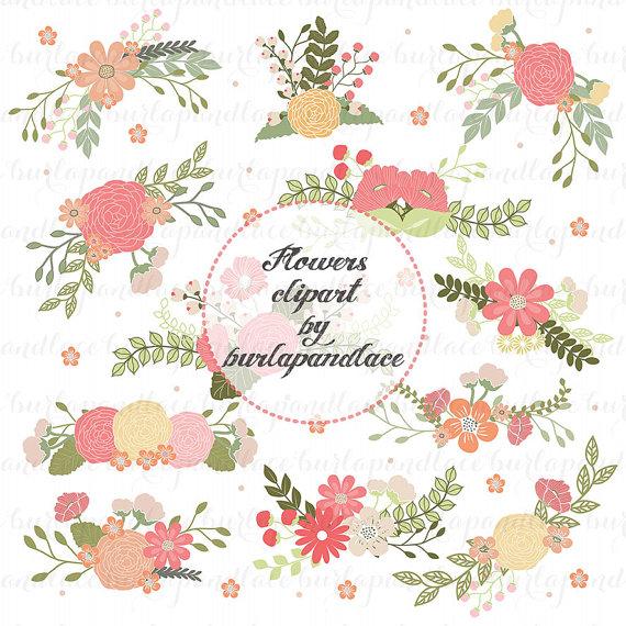 زفاف - Wedding Floral Clip Art, Hand Illustrated Digital Flowers , Flower and Laurel Clip Art, PNG Flower Clip Art,  Wreath flower